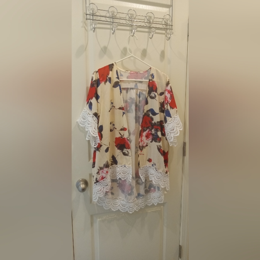 Floral Lace Trim Kimono Cardigan - Beige/Red
